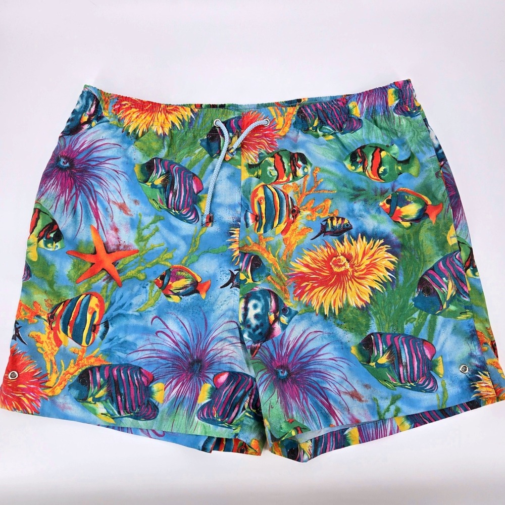 Faconnable Fish Print Swim‎ Trunks Blue Resortwear Beach Gorpcore L Vintage 90s